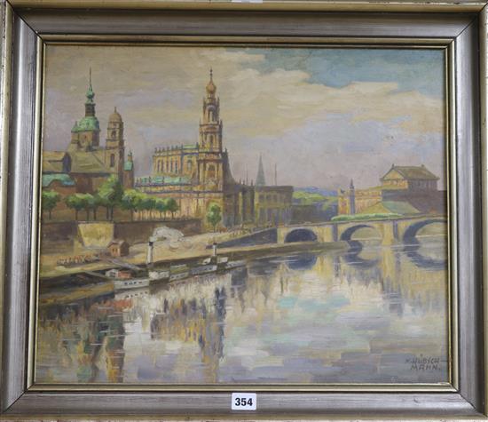 K. Hubsch-Mann (1878-1955), oil on board, View of Dresden, signed, 44 x 53cm